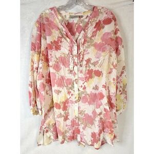 Avenue Floral Cotton Blouse 26/28 Boho Watercolor Lightweight Top Button Ruffle